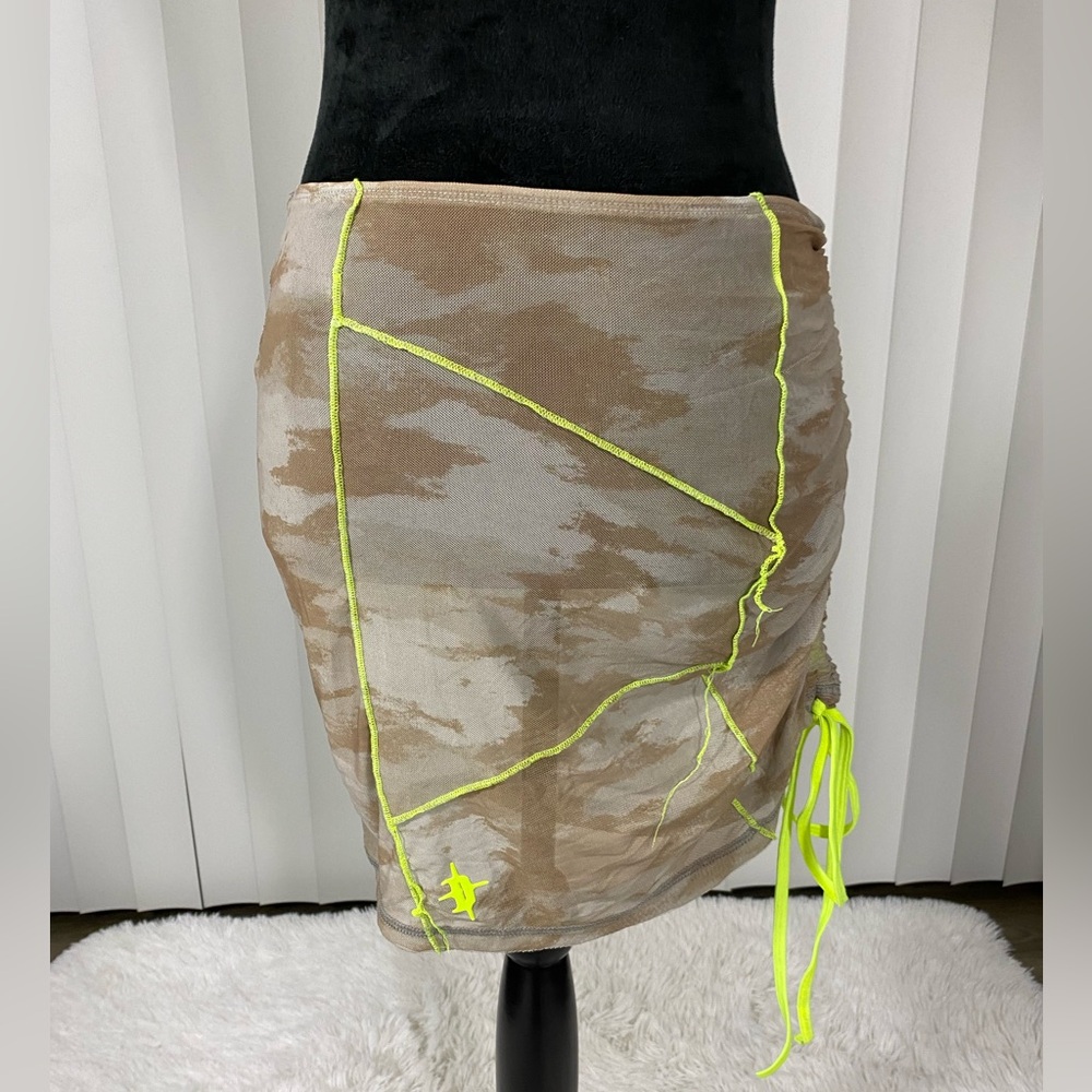 DARKER WAVS Reverb Desert Camo Sheer Ruched Skirt A Symmetrical Tan Neon Green S